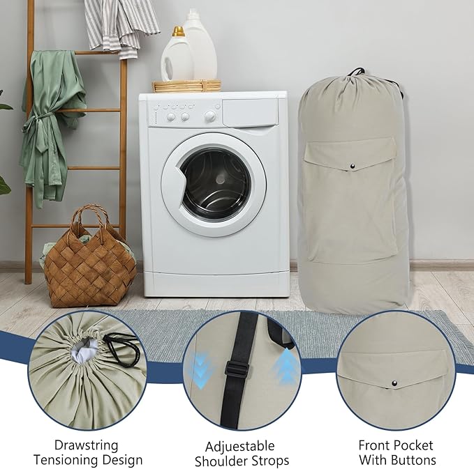 Sanlykate Canvas Backpack Laundry Bag - Extra Large Durable Dirty Clothes 2-3 Days Capacity with Adjustable Shoulder Strap & Front Pocket, for College Dorm, Apartment, Laundromats, Camping Travel