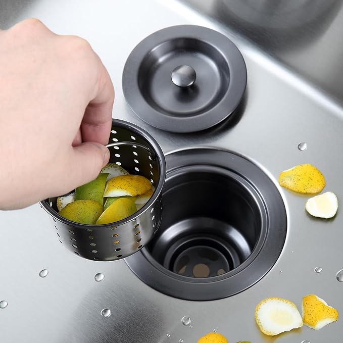 3-1/2-inch Kitchen Sink Drain, Stainless Steel Removable Deep Basket Strainer, Black Sink Drain with Tailpiece