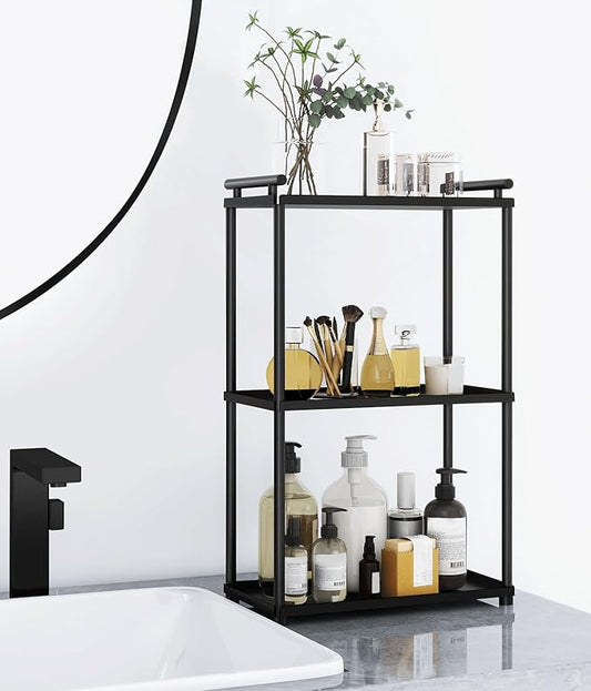 3 Tier Bathroom Organizer Countertop, Stainless Steel Perfume Tray and Vanity Countertop Shelf, Makeup Skin Care Bathroom Organizers and Storage for Dresser, Kitchen (Matte Black)