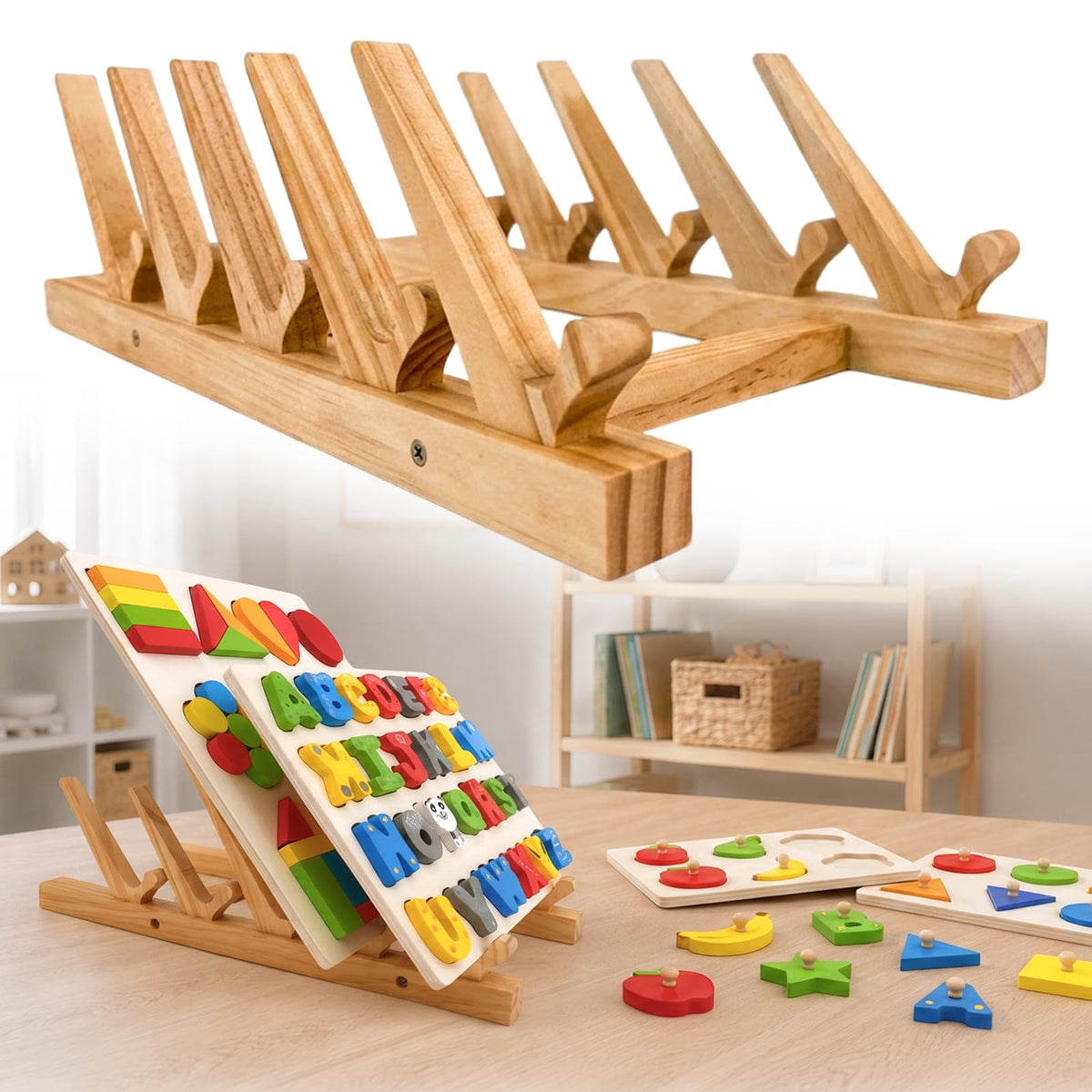 Wooden puzzle rack with a 60° tilt & wide spacing fits - Image 1