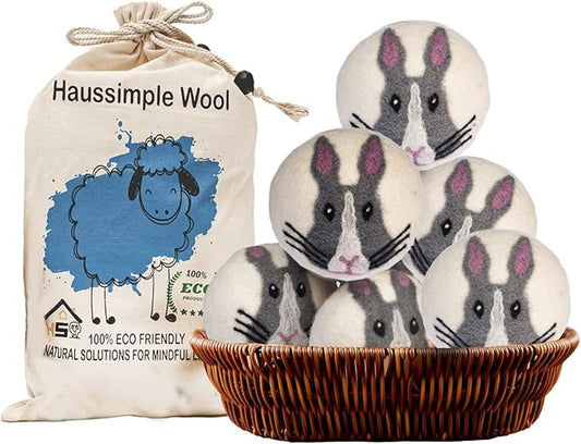 Wool Dryer Balls Organic Felt 6 Pack Laundry Fabric Softener, Extra Large Reusable Handmade Natural Sheep Wool Lint Wrinkle Free Anti Static Baby Safe (Bunny)