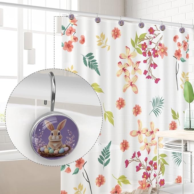 Elegant Purple and Easter Bunny Crystal Glass Shower Curtain Hooks for Bathroom Shower Rod, 12Pcs Round Home Decorative Shower Curtain Rings, Bathroom Bedroom Living Room Accessories