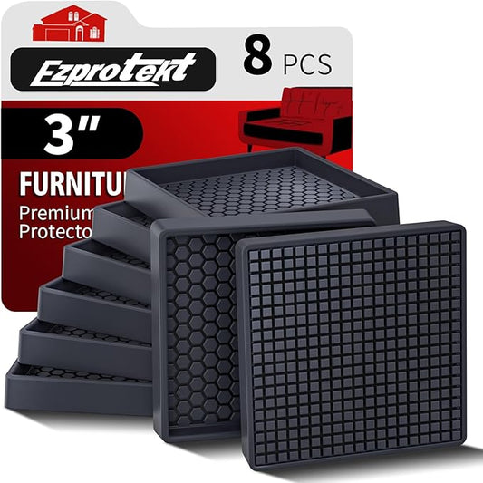 Ezprotekt Non Slip Furniture Pads, 8 Pcs 3" Anti Skid Rubber Furniture Caster Cups, Anti-Slip Furniture Coasters for Hardwood Floors, Anti Slide Floor Protectors for Bed Couch Stoppers (Black)