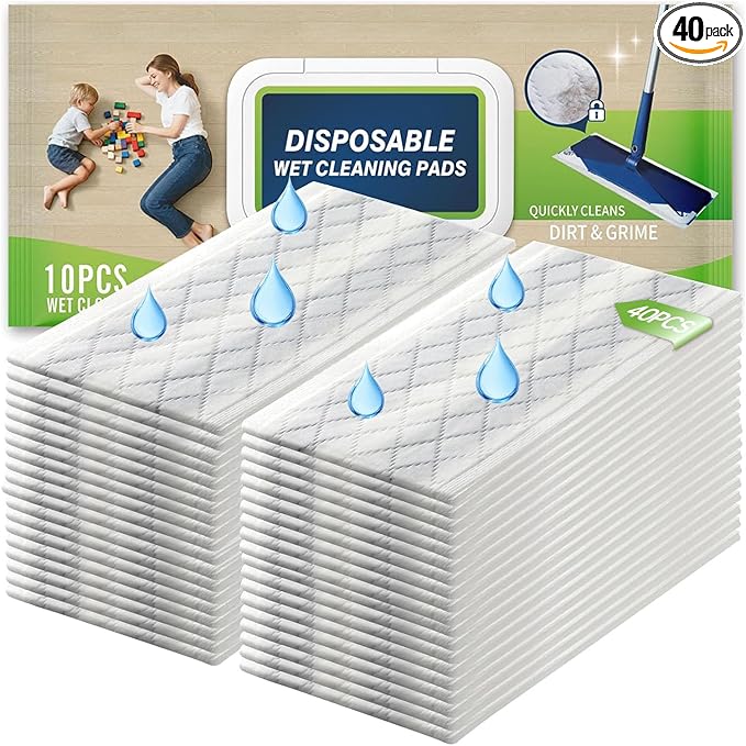 Disposable Wet Cleaning Pads for Hardwood Floor Compatible with Bona Mops, Multi-Surface Floor Household Replacement Mopping Cloths Refills, Unscented, 40 Count
