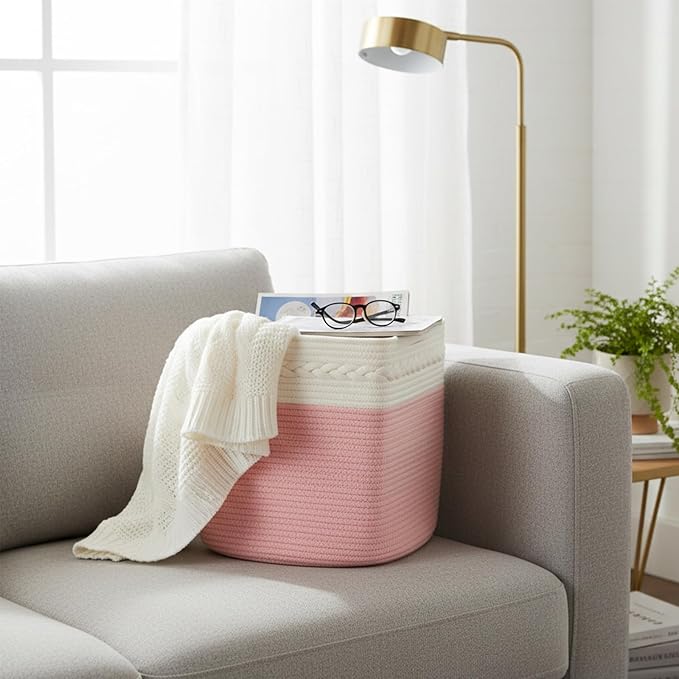 danpinera Storage Cubes, 13 Inch Cube Storage Organizer, 3-Pack, Cotton Rope Woven Baskets for Shelves Organizer, Classroom, Kitchen, Laundry, Closet, Baby Nursery, 13x13x13IN, White & Pink