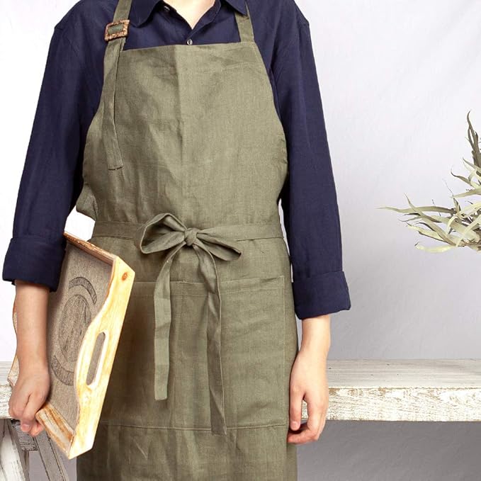 ATLINIA 100% Linen Apron with Buttons Adjustable Bib Apron with Pockets Linen Half Apron Bistro Apron