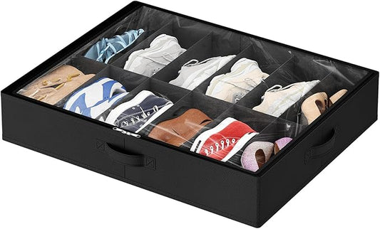 Lifewit Under Bed Shoe Storage Organizer 1 Pack(12 Pairs), 4.3" Tall Fabric Shoes Container Box, Foldable Closet Shoe Bag with 2 Reinforced Handles and Clear Cover, Black