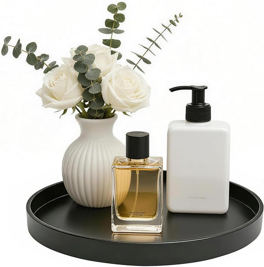 2 Pack 8" Bathroom and Vanity Tray, ABS Bathroom Counter Organizer, Coffee Table Decor for Perfume, Candles, Keys &More. Kitchen Countertop Organizer, Decorative Tray Soap Holder, Black