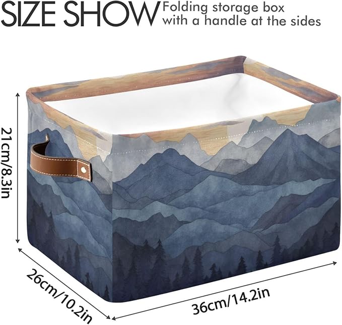 Storage Basket Nature Mountain Rectangular Collapsible Canvas Shelves Storage Bins with Leather Handles for Shelves Home Closet Bedroom Living Room, 1Pack