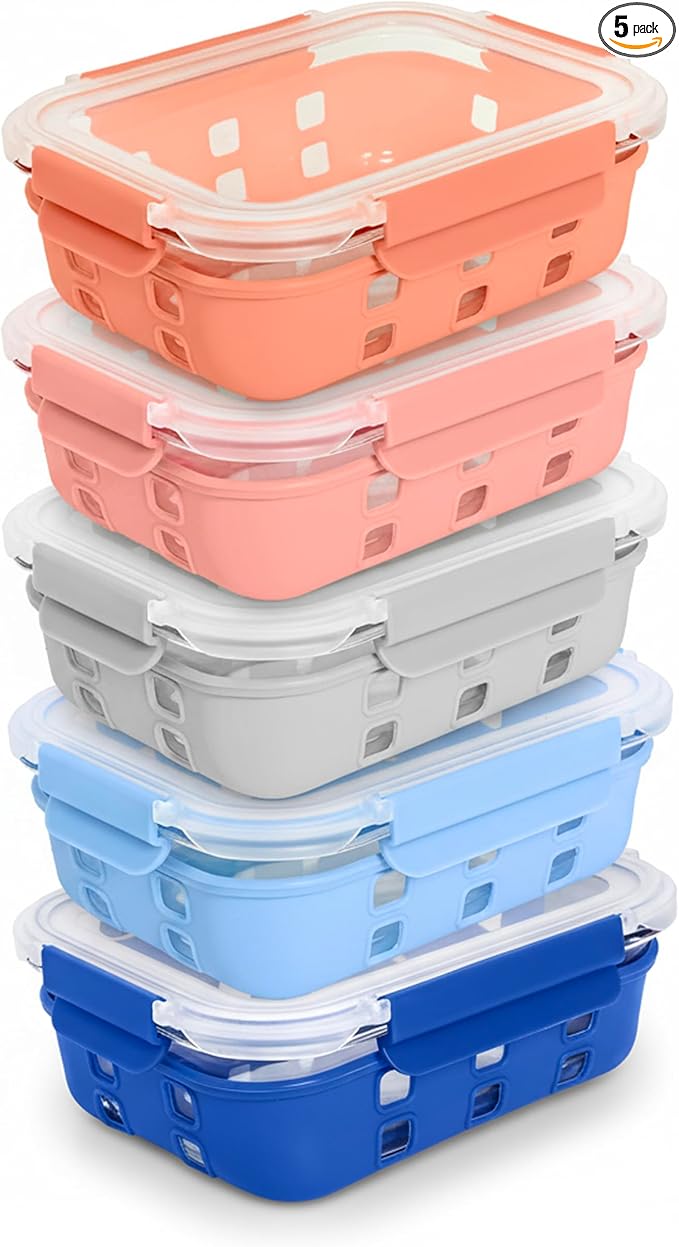 ECOBERI 4.5 Cup Glass Meal Prep Containers with Lids & Silicone Sleeves, 5-Pack Airtight, Leak-Resistant Food Storage Containers for Fridge, Freezer, Oven & Microwave