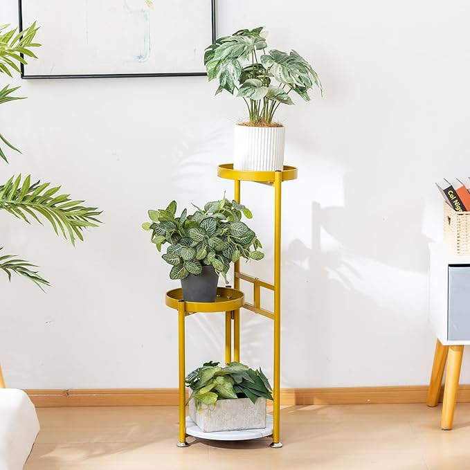 CHPHI Plant Stand Indoor Outdoor, 3-Tier Metal Flower Shelf Pot Holder , Corner Rack for Multiple Plants, Multiple Plants Rack Narrow Display Organizer for Patio Orchid Office Porch Living Room Garden (gold)