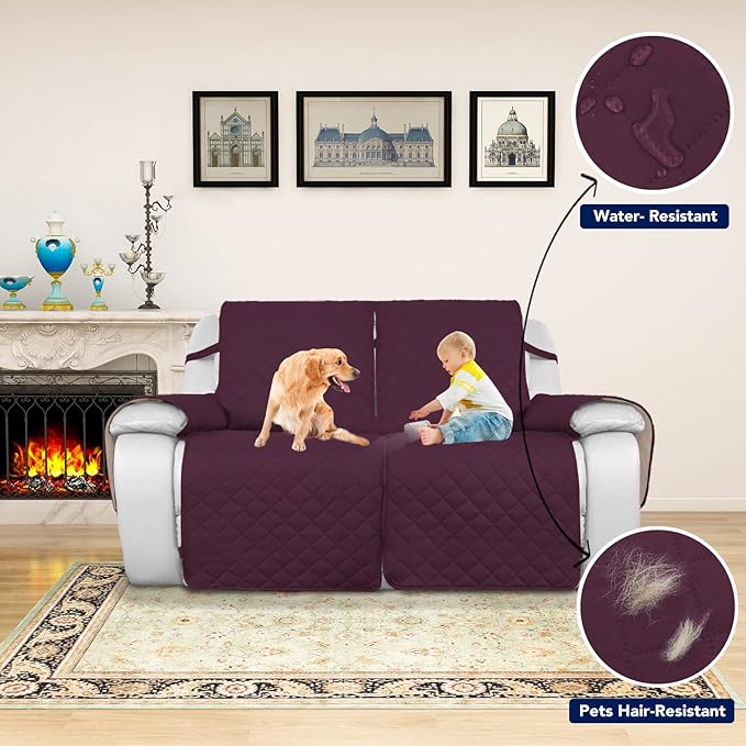 PureFit Water Resistant Reversible Sofa Covers for Reclining Sofa 2 Seat - Non Slip Split Recliner Couch Cover for Double Recliner, Washable Furniture Protector for Kids, Dogs (2 Seat, Wine/Beige)