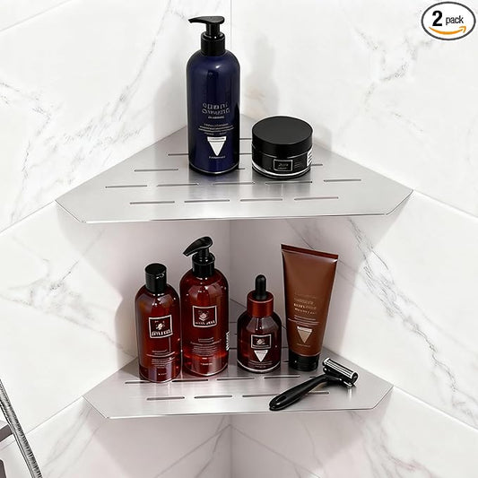 10" Corner Shower Shelf 2 Pcs Brushed 304 Stainless Steel Diamond Heavy Duty Floating Corner Shelves Slot Design Recessed Bathroom Shower Shelf for 90° Tiled Wall, No Drilling Needed