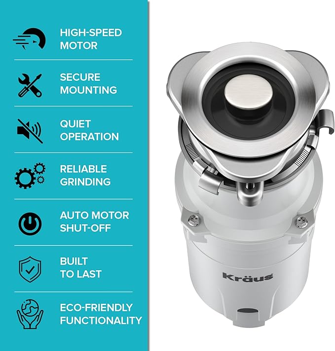KRAUS WasteGuard 1/3 HP Continuous Feed Garbage Disposal with Ultra-Quiet Motor for Kitchen Sink with Power Cord and Flange Included, KWD201-33MCG