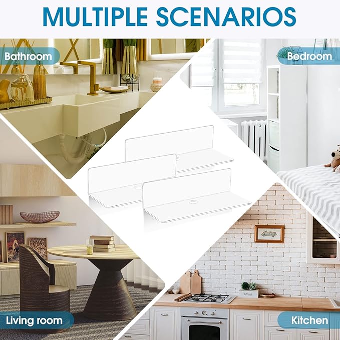8 Pieces Acrylic Floating Wall Shelves 9 Inches Adhesive Floating Shelf Screwless Shelves Hanging Shelves Small Self Adhesive Display Shelf for Smart Speaker, Action Figures, Security Cameras (White)