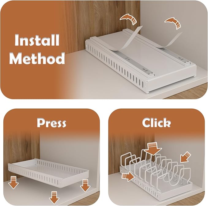 Pots and Pans Organizer Under Cabinet, Sliding Lid Holder and Pan Rack in Kitchen, Slide Out inside Cabinet Storage for Pot Lid, Bakeware, Dishes, 8 Adjustable Dividers, 1 Pack White