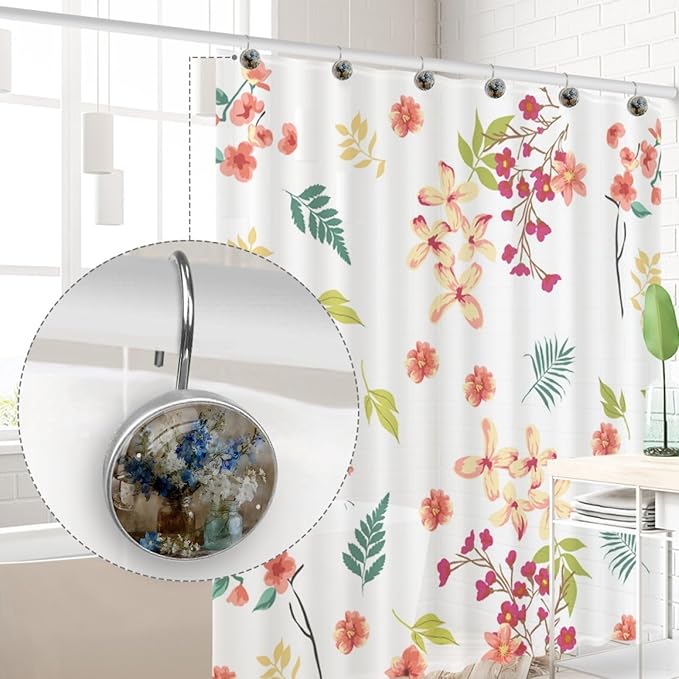 12 Packs Vintage Flowers Vase Shower Curtain Hooks, Stainless Steel Glass Shower Curtain Rings for Bathroom Decor, Metal Rustproof Curtain Rod Hooks