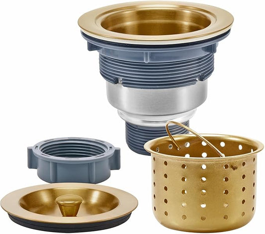 KONE 3-1/2 Inch Brass Sink Drain, Durable Stainless Steel Brass Kitchen Sink Drain Assembly Kit with Sink Strainer Waste Basket/Strainer Assembly/Sealing Lid for Standard Kitchen Sink