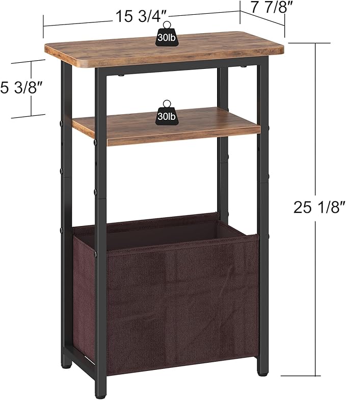 Narrow Side Table, Skinny End Tables with Fabric Basket, Small Side Tables for Small Space, 2-Tier Open Shelves with Basket, Slim Nightstands for Bedroom,Living Room,Office, Rustic Brown