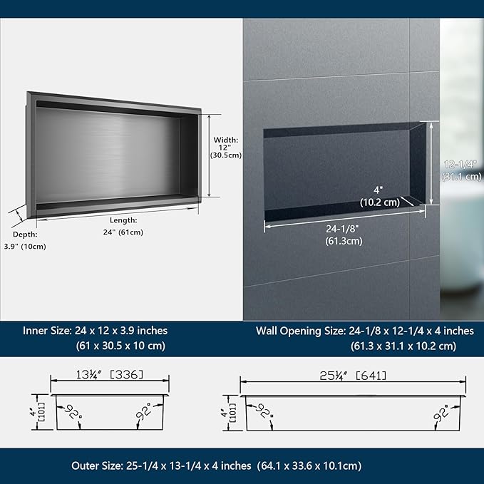 24" X 12" Shower Niche No Tile Needed, 304 Stainless Steel Recessed Wall Niche, Built-in Wall Niche Insert for Bathroom, Kitchen, Entryway, or Living Room, Gunmetal Gray