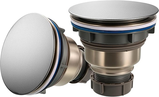 2-Pack 3-1/2 Inch Kitchen Sink Drain Strainer Assembly Kit, with Flat Stopper Cover and Removable Deep Strainer Basket, 304 Brushed Stainless Steel for Easy Replacement