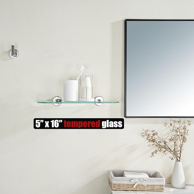 JQK Bathroom Glass Shelf, Floating Tempered Glass Shower Storage 16 by 5 inches, 304 Stainless Steel Polished Chrome Wall Mount 2 Pack, TGS121L16-CH-P2