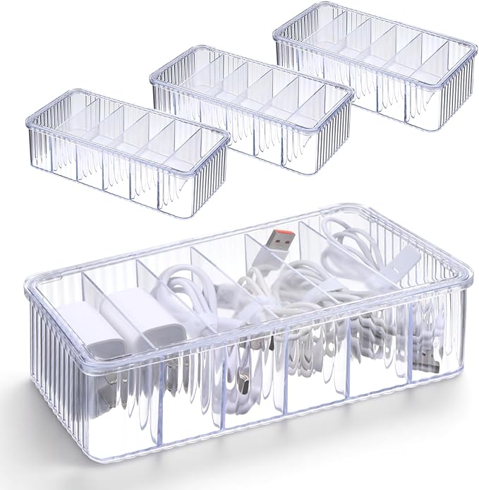 4 Pcs Cord Organizer Box, 8 x 4 x 2 Inch Small Clear Plastic Cable Organizer Box with Lid 6 Compartments Cord Boxs for Home, Office, Desktop Organization