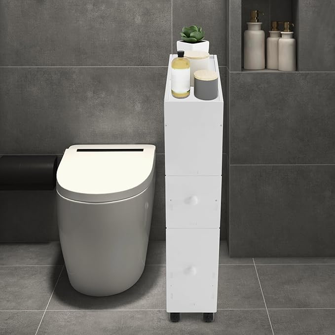 Toilet Paper Holder Stand - Narrow Floor Storage Cabinet with Drawers for Small Bathrooms - White
