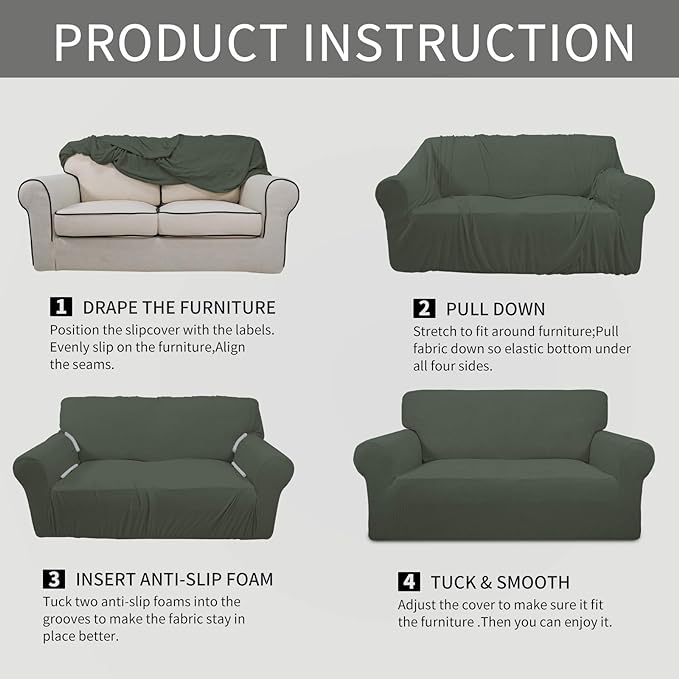 Easy-Going Stretch 4 Seater Sofa Slipcover 1-Piece Sofa Cover Furniture Protector Couch Soft with Elastic Bottom for Kids, Polyester Spandex Jacquard Fabric Small Checks Olive Green