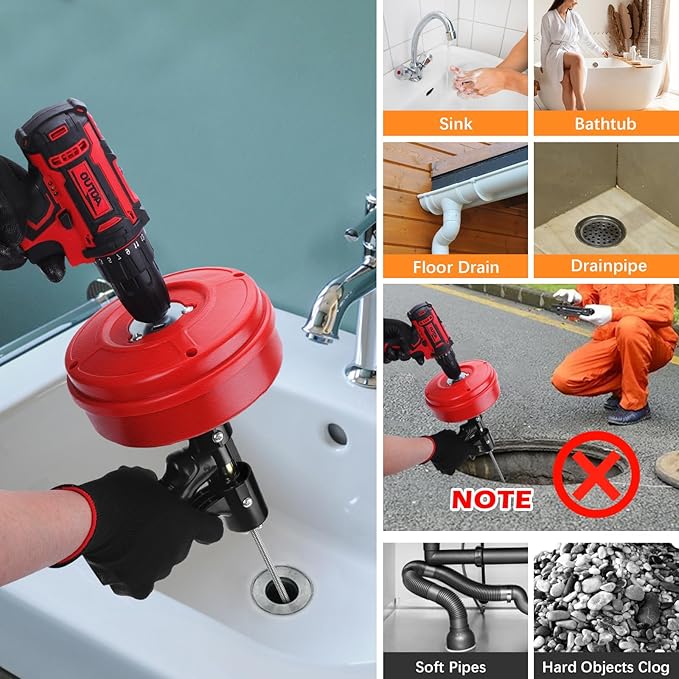 25 FT Double Mode Drain Snake Tools, 14-in-1 Drain Auger for Sink and Drain Unblocking, Plumbing Snake for Kitchen, Bathrom and Shower Sink, Drain Clog Remover for Real DYIs【Upgraded】
