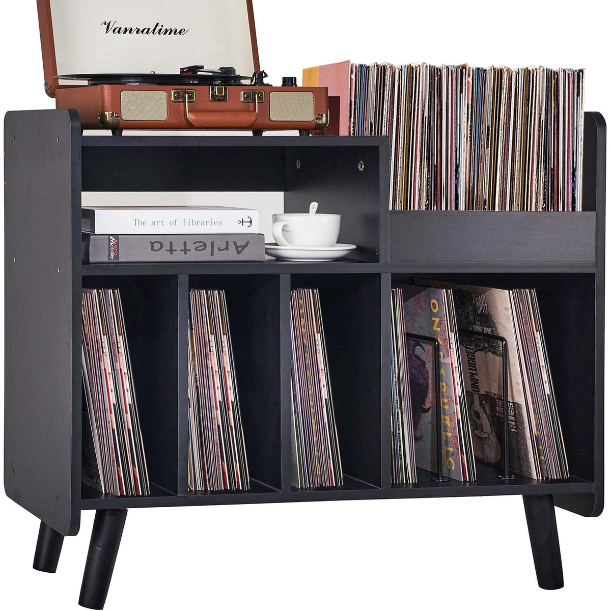Record Player Stand, Large Record Player Table Cabinet (Black) - Image 1