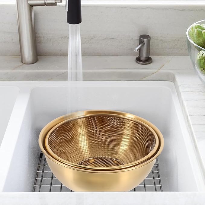Luxshiny Stainless Steel Colander Basket with Fine Mesh Strainer and Basin for Washing Vegetables Fruits and Rice Kitchen Sink Organizer Tool