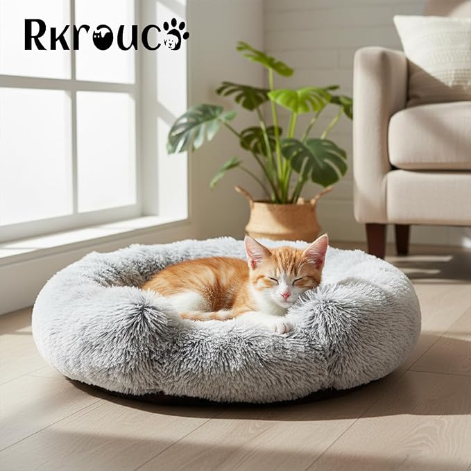 Fluffy Dog Bed Calming Donut Beds for Large Dogs Warming Round Small Medium Pet Nest Cozy Cat Mattress Indoor Washable Puppy Kennel Kittens Sleep Mat (XS, 20×20 inch, Gradient Gray)
