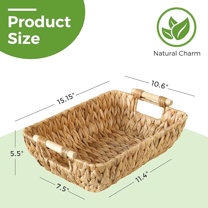 Wicker Storage Basket with Wooden Handles, Large Water Hyacinth Basket for Organizing Shelves, Natural Woven Storage Baskets for Snack, Gift, 1 Pack