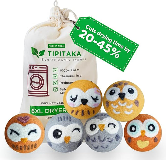 Laundry Felt Wool Dryer Balls – 6 XL Pack, Replaces Dryer Sheets, Eco-Friendly, Natural Fabric Softener, Reusable & Chemical-Free, Reduces Drying Time, 1000+ Loads, Made in Nepal