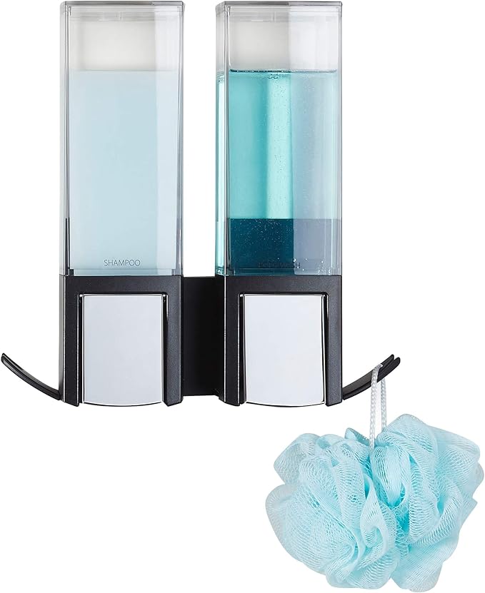 Better Living Clever Double Shower Dispenser 2 Chamber, Wall Mount Shower Soap Dispenser for Bathroom Hotel Body Wash, Storage Hooks, No Drill, Waterproof Shampoo Soap Dispenser, 2 x 17 oz, Black