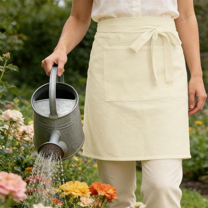 Cityelf Linen Server Apron Cotton Bistro Half Apron with Large Pockets Waist Kitchen Apron for Cooking Waitress