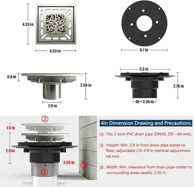 4 Inch Shower Drain, Square Shower Floor Drain Kit with Flange and Removable Cover Grate, AISI 304 Stainless Steel, Brushed Nickel