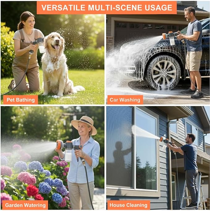 Dog Washing Hose Attachment, 8-in-1 Sprayer Hose Nozzle with Soap Dispenser for Dog Showering, Watering Flowers, Car Washing (Nozzle Only)