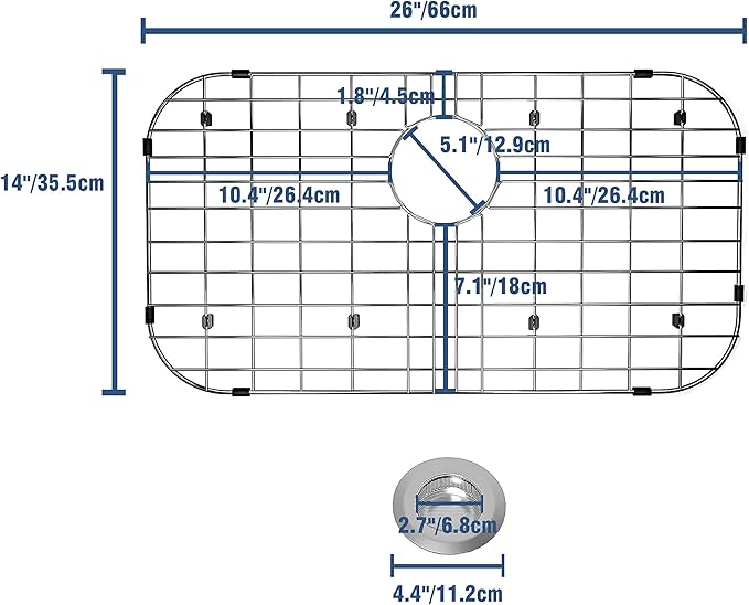 Kitchen Sink Grid 26" x 14", LOCVCDA Sink Protectors for Kitchen Sink with Rear Drain, Sink Bottom Grid, Stainless Steel Sink Protector, Sink Grate for Bottom of Kitchen Sink (26" x 14" - Rear Drain)