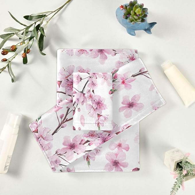 Pfrewn Cherry Blossoms Flowes Towels Set of 3 Watercolor Pink Floral Sakura Branch Bathroom Towel Soft Absorbent Bath Hand Towels Washcloth Guest Towel Sets Bathroom Decorations