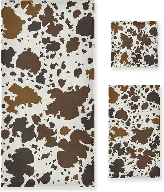 3 Piece Rutic Cowhide Pattern Bath Towel Set,Microfiber Decorative Western Animal Skin Cow Print Farmhouse Bathroom Towels,1 Bath Towel 1 Hand Towel for Bathroom Kitchen,1 Washcloth for Face
