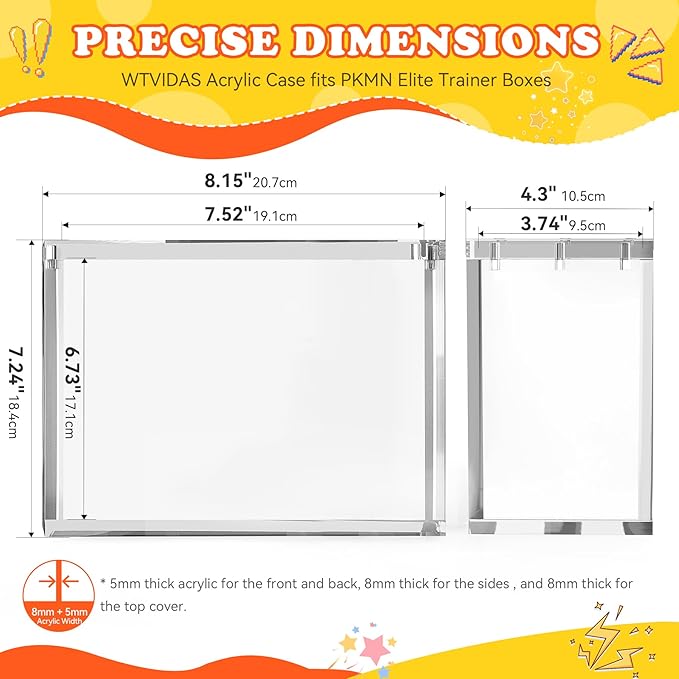 Acrylic ETB Case 3 Pack, 8mm Ultra Thick with Magnetic Lid, Stackable Clear Display Box, Compatible with PKMN ETB Trading Cards Collection Storage Container