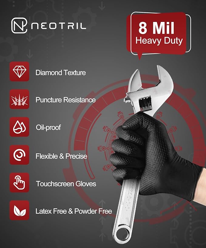 8 Mil Heavy Duty Disposable Nitrile Gloves with Diamond Texture Grip Rubber Gloves Latex & Powder Free