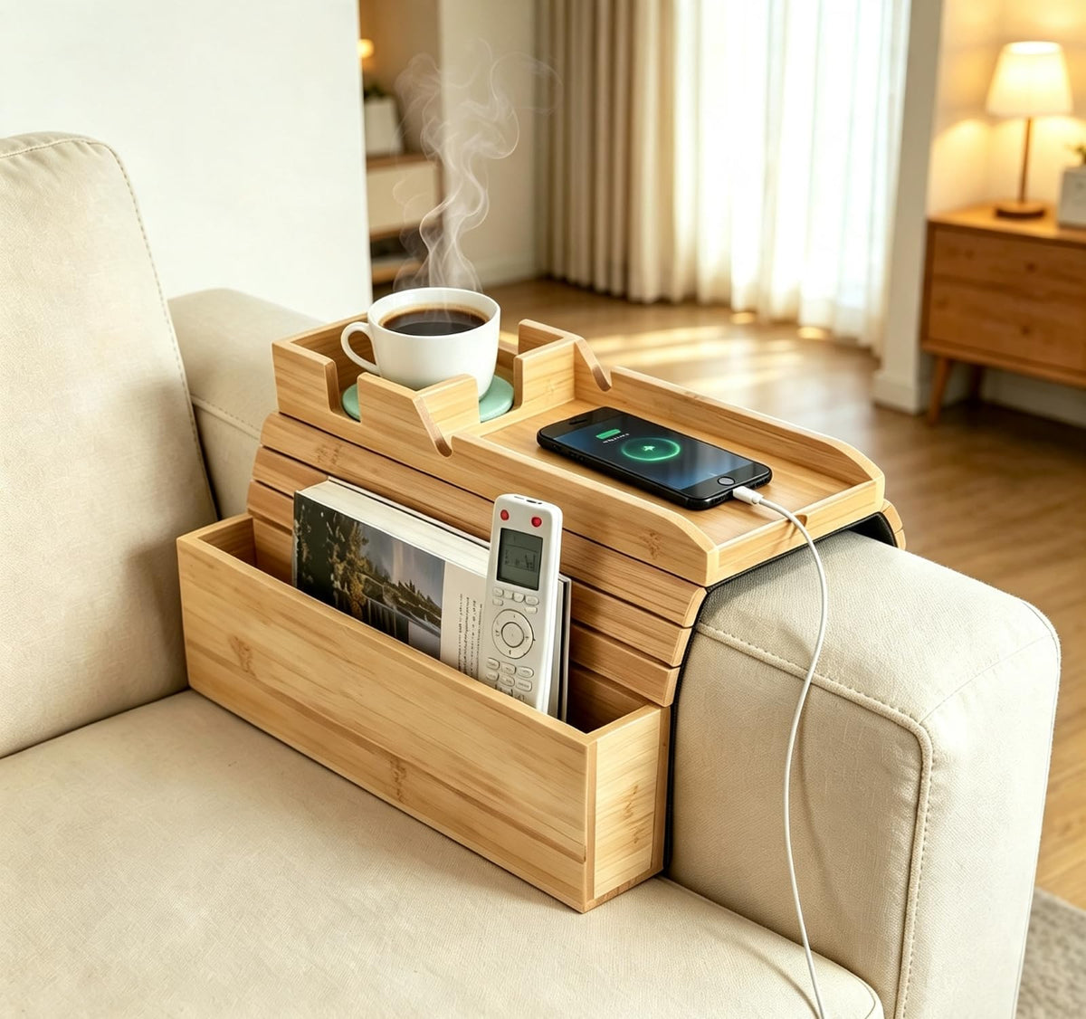 Bamboo Sofa Armrest Tray, Foldable Couch Caddy, 4–6 Inch Arms - Image 1