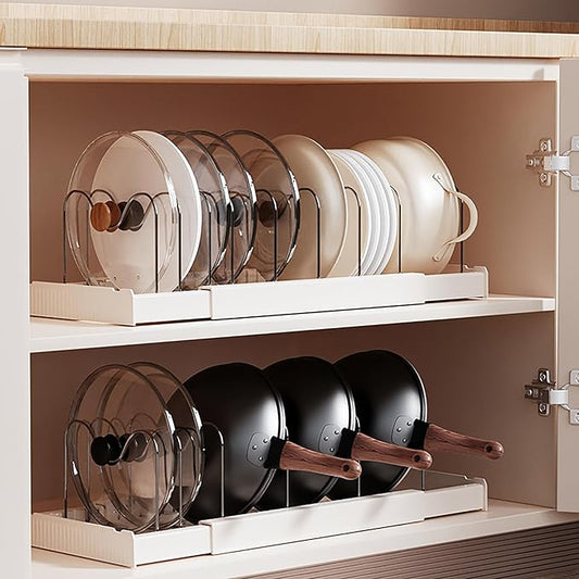 Pots and Pans Organizer Under Cabinet Expandable Pot Lid Holder with 10 Adjustable Dividers Pot Rack for Kitchen Storage Cutting Boards, Bakeware, Lid, White 2PCS