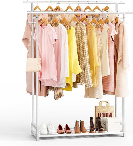 Clothes Rack for Hanging Cloth,Double Rods Metal Clothes Rack with Storage Shelf and Coat/Hat Hook, Freestanding Clothing Rack for Bedroom, Laundry, Cloakroom, White