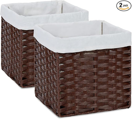 Bidtakay Wicker Storage Baskets with Liners 11x11 Storage Cube Bins for Organizing Imitation Rattan Woven Baskets 2-Pack Woven Storage Baskets with Handles for Pantry-Reddish Brown