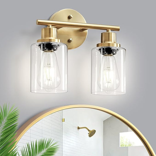 2-Light E26 Bathroom Light Fixtures, Modern Brushed Gold Vanity Lights for Bathroom with Clear Glass Shade, Mirror Kitchen Hallway Cabinet Living Room Sconces Wall Lights
