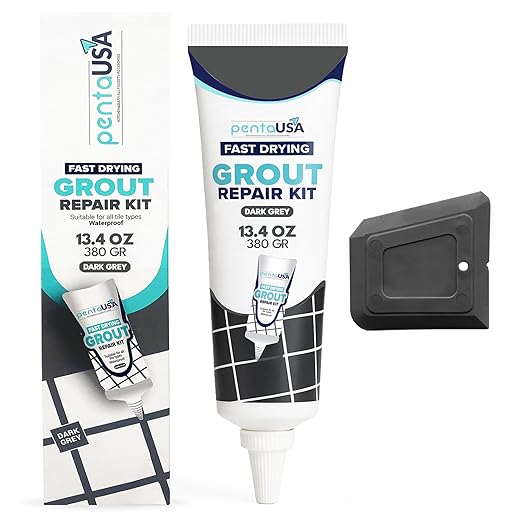 Tile Grout Repair Kit - Premixed Acrylic Sanded Grout for Bathroom, Shower & Kitchen - Repairs, Renews & Restores, Waterproof Formula - 8.8oz / 250gr (Dark Grey)
